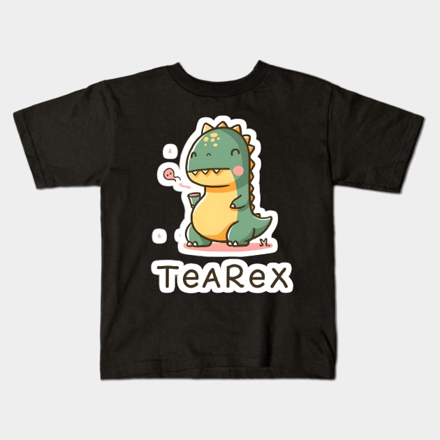 Tea rex having tea Kids T-Shirt by Spaceboyishere